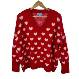 CeCe Red V-Neck Sweater with White Hearts